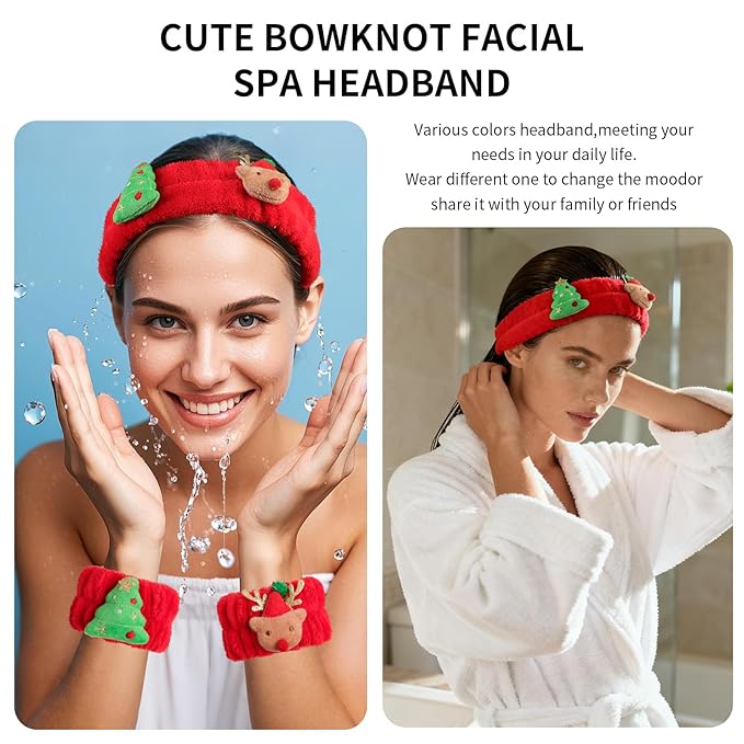 PERFECTSIGHT 2 Pack Cute Animal Headbands for Makeup Wash Shower Adjustable Elastic Hair Band for Girls and Women (Red Christmas)
