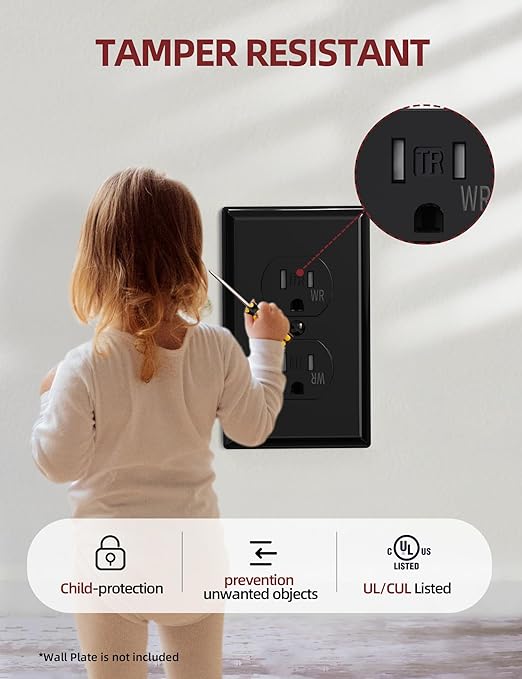 AIDA Duplex Receptacle Outlet, Tamper Resistant & Weather Resistance Outlets, Residential, 3-Wire, Self-Grounding, 15Amp 125V, UL Listed, Black (50 Pack)