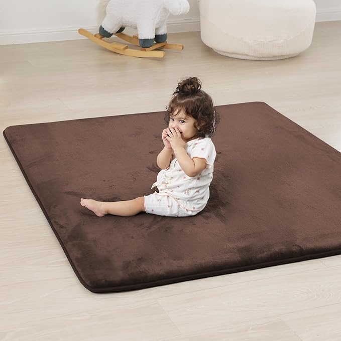 1.3" Thick Baby Play Mat for Floor, 79x79 Playpen Mat, Pro Soft Flannel Foam Mats Toddler Infant Kids Crawling for Nursery Rug Playroom Living Room Waterproof Easy Care Non-Slip (Brown)