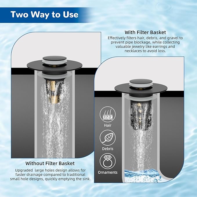 Hibbent 2 Pack 3 in 1 Bathroom Sink Drain Strainer, Universal Pop Up Stopper with Removable Stainless Steel Filter Basket Hair Catcher, Sink Plug for 1.1''~2.36'' Basin, Brass Bullet Core, Matte Black