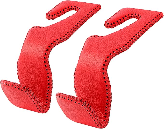 Car Hooks for Purses and Bags, Car Back Seat Headrest Hanger Vehicle Red Superior Leather Storage Hook, Pack of 2