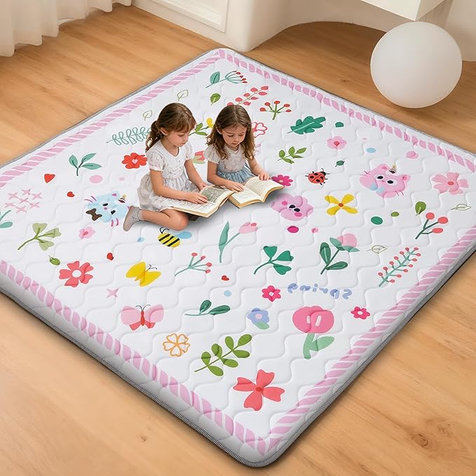 Baby Play Mat for Floor, 71'' x 59'' Thicken Foam Soft Padded Mat for Baby, Playpen Mat for Toddlers Infant Kids, Machine Washable, Non-Slip Bottom Safe for Crawling (Flower)