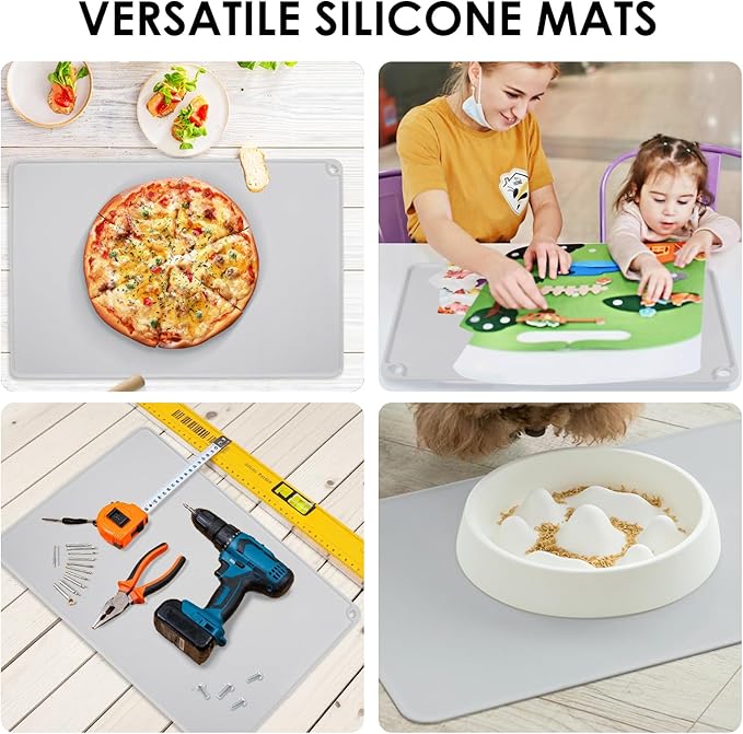 Thick Silicone Pastry Mat with High Edge, 20"x 16" Non-Stick Silicone Baking Mat, Non Slip Silicone Dough Rolling Mat for Making Bread, Cookies and Pizza, Gray Silicone Mat for Craft, Countertop Mat