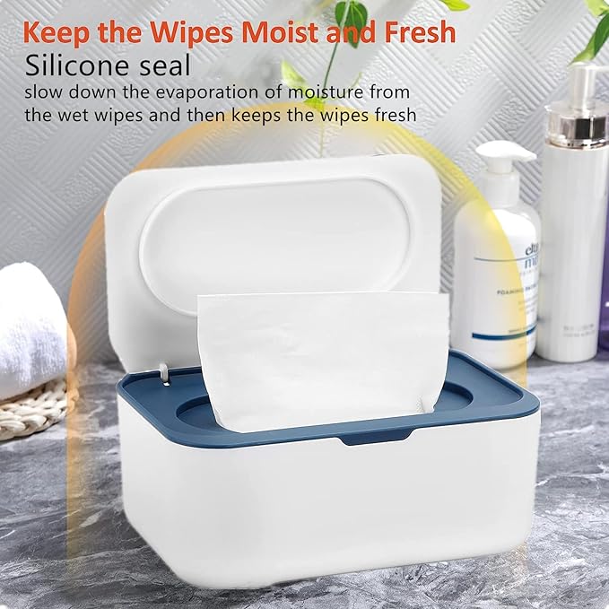 Wipes Dispenser with 2Pcs Portable Refillable Wipe Holder,Reusable Large Wipe Holder Box Flushable Wipes Case Bathroom Wipes Container for Pet Nursery Kitchen Office Counter(White-Blue)