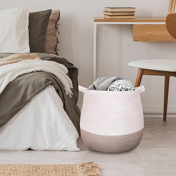 Large Cotton Rope Basket, Woven Storage Basket for Toy, Laundry and Blanket Organizer, Round Hamper Basket with Handles for Kid's Room 17.7"x16.9"