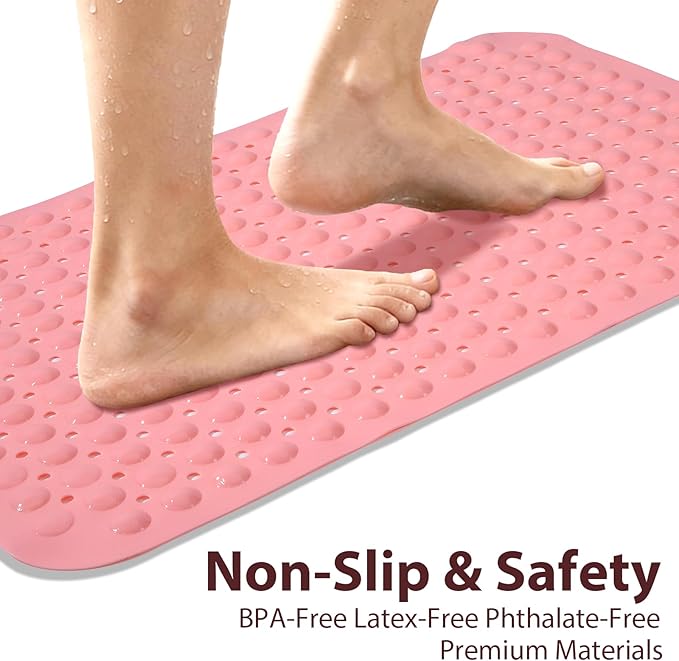 Large Shower Mat 21.5x33.5 Inch Pink, Soft Non Slip Shower Mats for Inside Shower with Big Suction Cups Drain Holes, Extra Large Bath Bathtub Mat Floor Stall Mats, BPA-Free, Easy Clean
