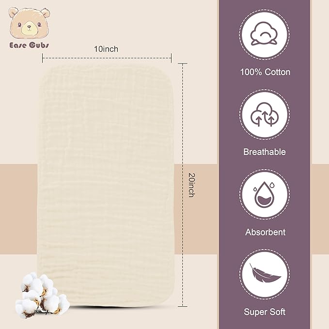 Ease Cubs Muslin Burp Cloths Large 100% Cotton Hand Washcloths for Boys & Girls, Baby Essentials Extra Absorbent and Soft Burping Rags for Newborn Registry (Ivory, 12-Pack, 20" X10")