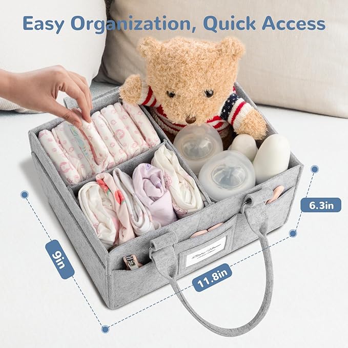Diaper Caddy Organizer, Newborn Essetials Must Haves, Baby Registry Search and Other Baby Stuff, Collapsible Baby Basket with Handle and a Photo Frame, Grey, 11.8 x 6.3 x 9.0 inch