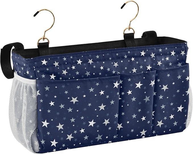 Bedside Caddy Hanging Bunk Bed Caddy Bed Organizer Hanging Pocket with 2 Hooks Bedside Storage Organizer Pocket Bag Holder Stars Dark Blue
