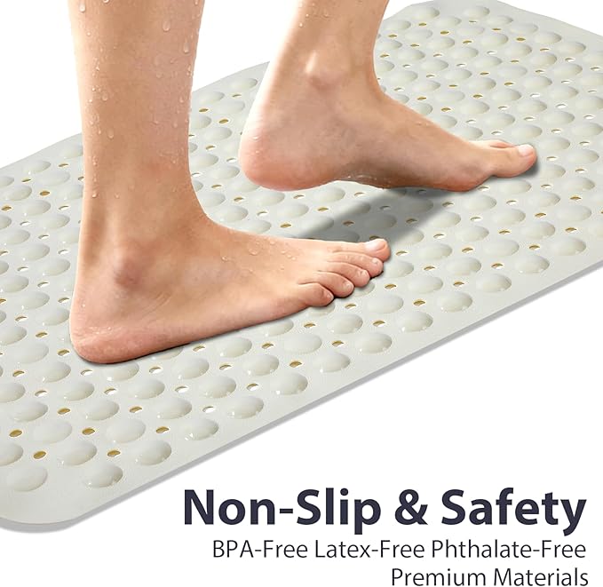 Beige Bathtub Mat Shower Mat Non Slip 17x30 Inch Standard Size, Soft Bubble Bath Tub Mat Shower Mats for Inside Shower Bathroom Floor Mat with Big Suction Cups & Drain Holes, BPA-Free