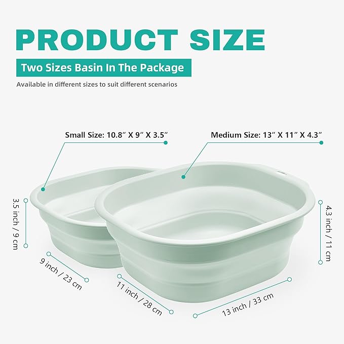 Bellglee 2 Pack Collapsible Wash Basin Set, Foldable Dish Tub, Small Medium Portable Sink for Kitchen, Camping, RV, Baby Bottles, Laundry, Plastic Washbasin -Green