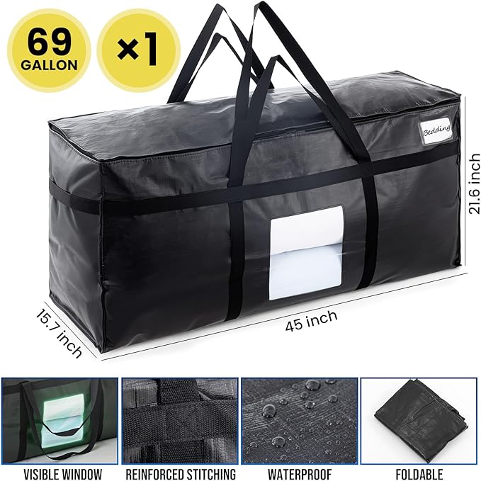TAILI 69 Gallon Extra Large Storage Bags, XXL Black Heavy Duty Moving Bags For Storage with Visible Window, Wrap Around Handles, Totes for Space Saving, Alternative to Moving Boxes