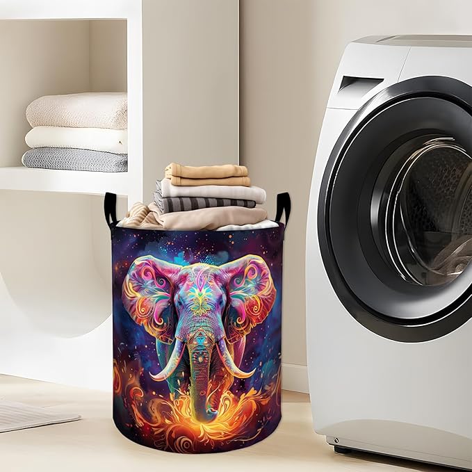 Vibrant Cosmic Elephant with Flames Laundry Basket with Handles, 19.7"x15.7" Clothes Foldable Laundry Hamper Organizer for Dorm Nursery Bedroom Bathroom Decor, Toy Storage Bin for Kids