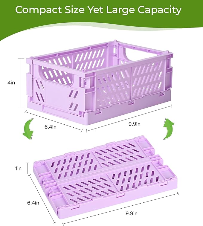 HUUSMOT 2-Pack Small Pastel Plastic Storage Baskets, Collapsible Crates for Organizing, Space-Saving Mini Bins for Classroom, Kitchen, Office, Bedroom (Purple, 9.8" x 6.5" x 3.8")