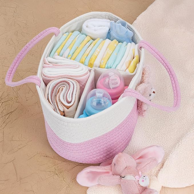 JMBNH Baby Diaper Caddy- With Removable Dividers, Nursery Storage Bin and Car Organizer,Boy & Girl Shower Gift Basket,Portable Organizer,Nursery Essentials-Pink Rabbit