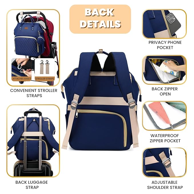 ROSEGIN Diaper Bag Backpack with Changing Pad, Pacifier Case, Baby Bag for Boy Girl Toddler - Large, Stylish, Waterproof Travel Quilted Diaper Bag for Mom - Baby Shower - Navy Blue