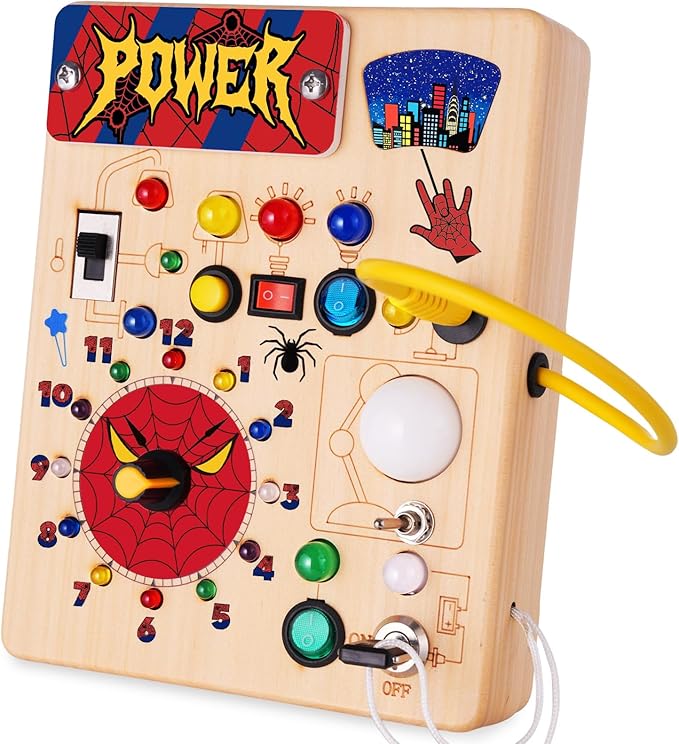 TYMGCHQ Montessori Busy Board with 22 LED Light, Montessori Toys for 3 + Years Old Boys Girls, Wooden Sensory Preschool Learning Toys for Kids, Travel Fidget Board Kids Birthday