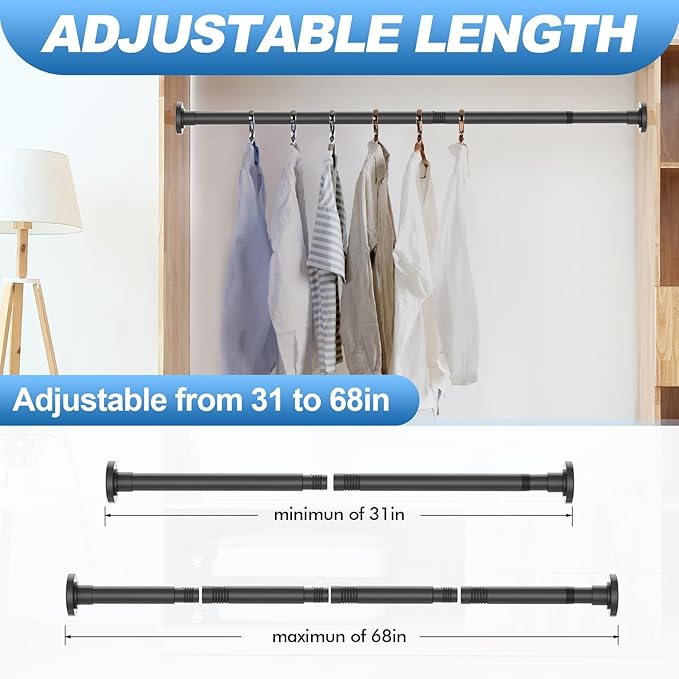 CorkLatta 2 Pack Black Shower Curtain Rod 31 to 68 Inch,1 Inch Diameter Adjustable Spring Tension Stainless Steel Telescoping Rod,Easy Install,No Rust