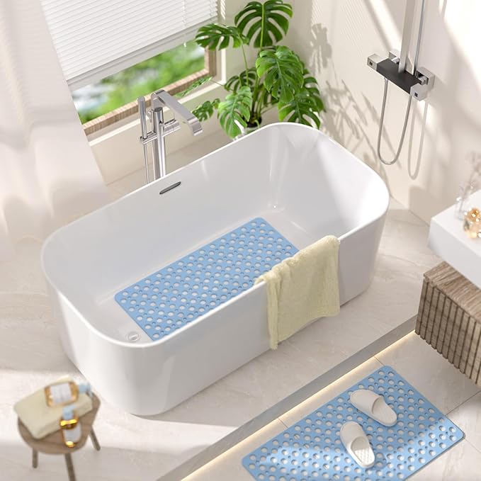 HITSLAM Bathtub Mat Non Slip, Soft TPE Bath Mat for Tub, Efficient Drainage Bathroom Shower Mat with Suction Cups, Bath Tub Mat, Easy to Clean, 28 x 15 Inch, Blue