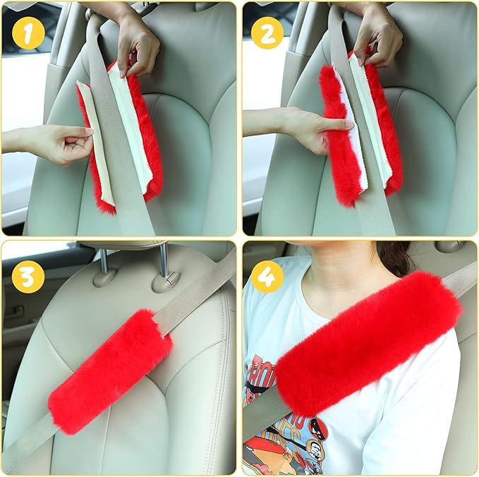 Boao 4 Pack Faux Sheepskin Car Seat Belt Pads Seatbelt Protector Soft Seat Belt Shoulder Strap Cover Comfort Harness Pad(Red, 9.9 Inch)