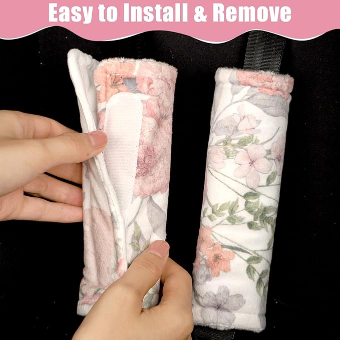 Car Seat Strap Pads for Baby Kids, HNHUAMING Ultra Soft Pink Carseat Straps Shoulder Covers, 2 Pack Infant Seat Belt Cover Pad for Baby Car Seats/Strollers/High Chair/Pushchair, Floral