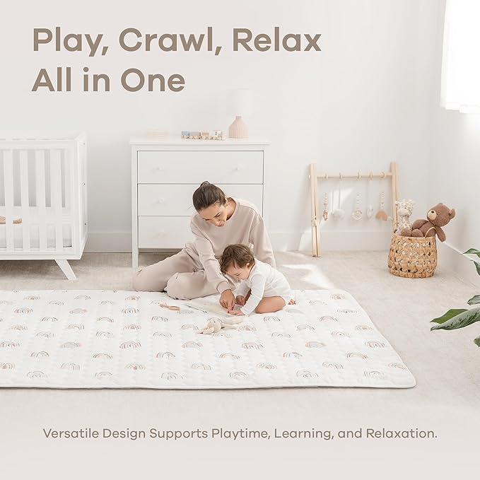 Comfy Cubs Rectangle Kids Play Mat - Large 60 x 96 inches Soft Quilted Baby Floor Mat with Non-Slip Bottom - Plush Design for Toddlers' Playtime - Comfortable and Durable - Rainbow