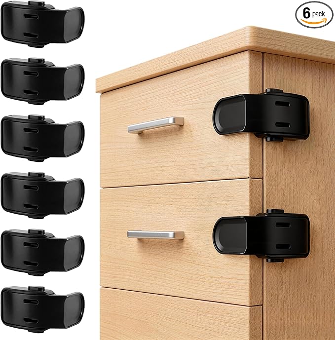 6 Pack Drawer Locks Black, Roctee Baby Proofing Lock for Right Angle Drawer Pull Out Thin Dresser Kitchen Cabinet Bedside Tables, Safety Latch Child Proofing 0-12 Month