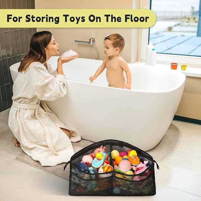 Goowin Bath Toy Organizer, Triangle Corner Bath Toy Storage, Quick Access Bath Toy Holder for Bathtub, Large Capacity Bath Storage for Toys, Quick Dry Mesh Toy Holder for Bath Hanging (Black)