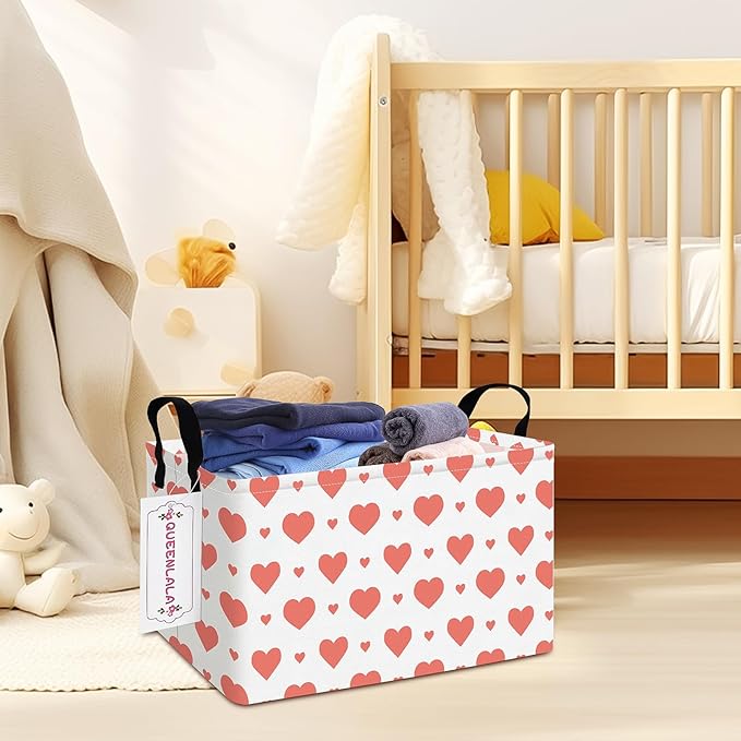 QUEENLALA Rectangular Laundry Hamper/Foldable Nursery Laundry Basket for Organizing/Storage Bin Baskets/Children Toy Office Bedroom/Toy Bin Closet Shelf Baskets（Rec-Pink Heart）