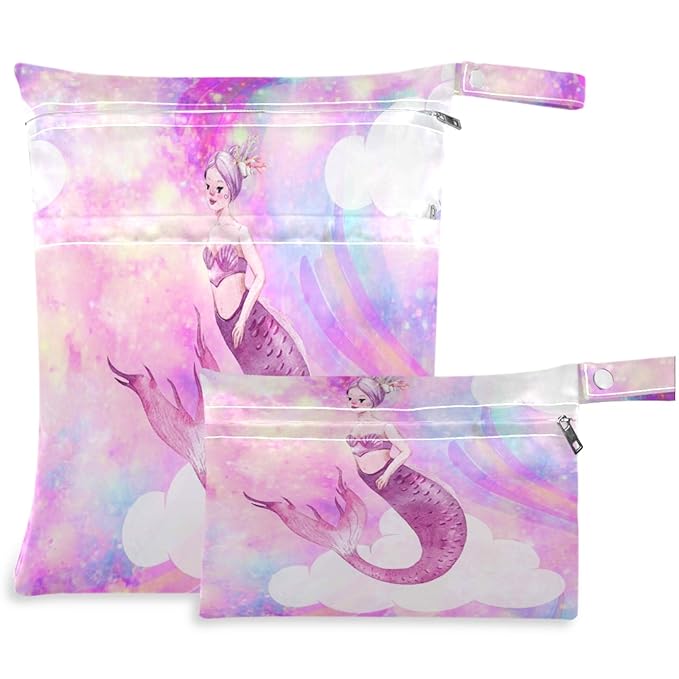 visesunny Unicorn Galaxy Cloud And Rainbow Fantasy 2Pcs Wet Bag with Zippered Pockets Washable Reusable Roomy for Travel,Beach,Pool,Daycare,Stroller,Diapers,Dirty Gym Clothes, Wet Swimsuits, Toiletrie
