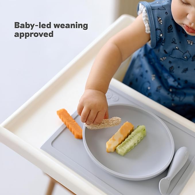 ezpz Tiny Plate (Blue) - 6 Months+ - 100% Silicone Suction Placemat + Plate for Infants - Fits on Most Highchair Trays - Baby Led Weaning Supplies