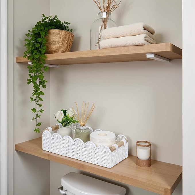 CubesLand Scalloped Edge Toilet Paper Storage Basket, Living Room Home Cozy Decor Basket, Paper Rope Small Baskets for Over Toilet Storage Shelf, End Table, Shelves, with 2 Wooden Handles, White