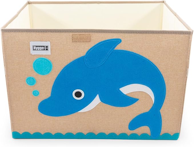 HYGGE + Animial Toy Storage Bin with Lid 20.8" x 13" x 13" Durable fabric & lightweight design. Great for storing toys, books, linens, games, clothing, baby products & more! (Dolphin)