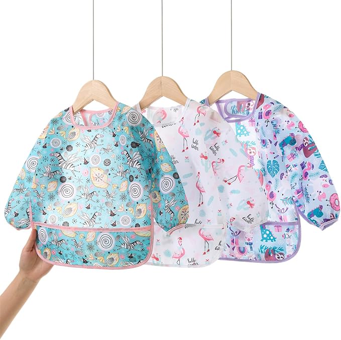 ElecMotive 3 Pack Long Sleeve Bib,Baby Smock for Eating 6-30 Months Reusable Shirt Bibs for Babies Toddler
