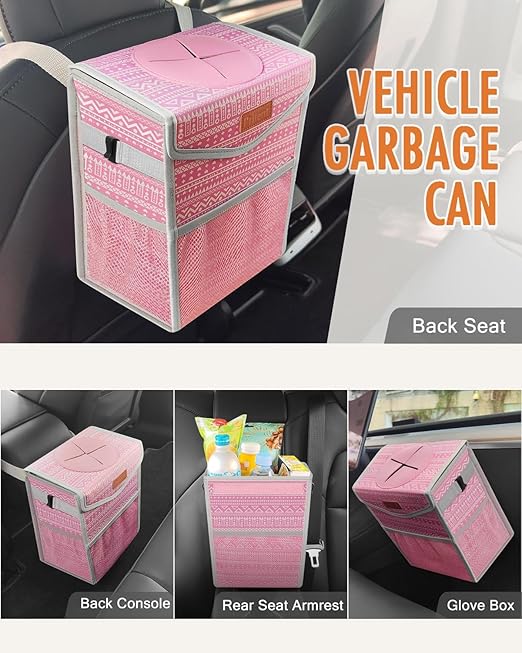 Car Trash Can with Lid, Cute Leakproof Car Trash Garbage Bag Hanging Vehicle Trash Bin Small Portable Automotive Garbage Cans Organizer for Back/Front Seat/Console(2.8 Gallons,Pink Print)