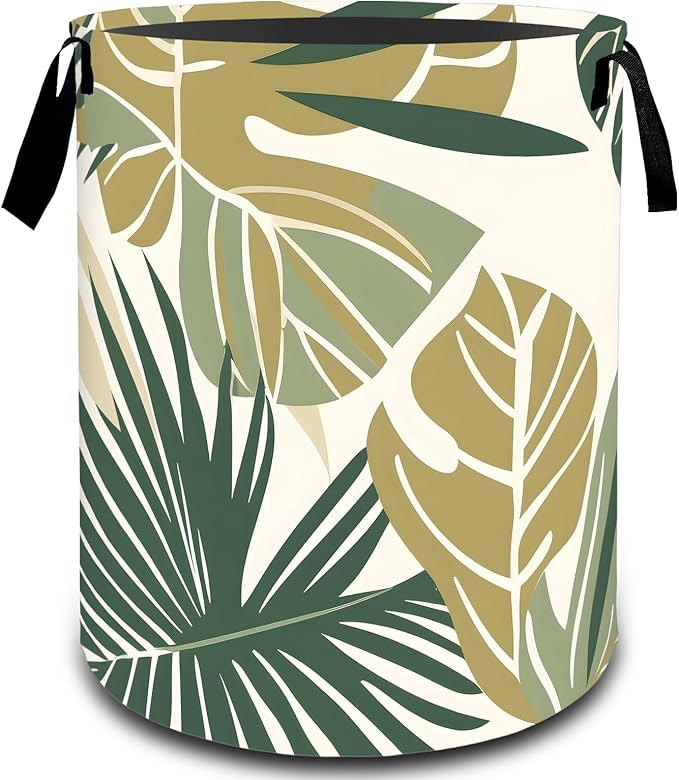 VODRM Tropical Palm Monstera Leaf Laundry Basket, Dirty Collapsible Clothes Toy Organizer Hamper for Kids Adults, Oxford Cloth Waterproof Storage Bin for Room Bathroom Home Decor Gifts, 19.7"X15.7"