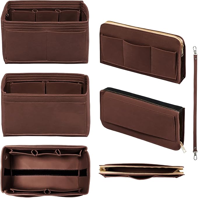 Purse Organizer Insert with Zipper & Key Chain Felt Bag Organizer for Tote Purse Handbag Brown Medium