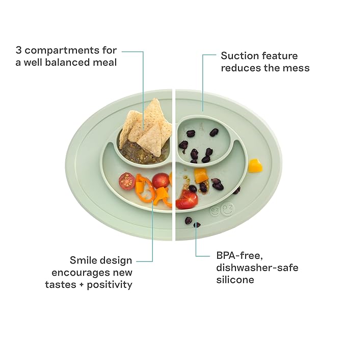 ezpz Mini Mat (Sage) - 6 -12 Months+ - 100% Silicone Suction Placemat + Divided Plate with Three Compartments - Supports Baby-Led Weaning - Designed for Highchair, Table, and Travel