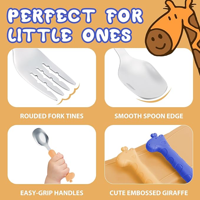 lohodo Toddler Utensils Kids Spoon and Fork Set 18/8 Stainless Steel Silverware BPA Free Blue & Yellow Cute Giraffe Child Flatware with Travel Case for Age 3+