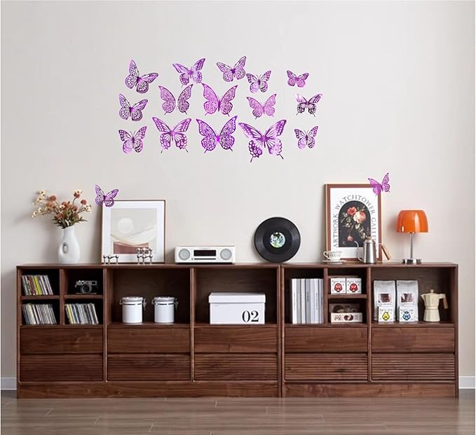 JOSDIOX 3D Puple Butterfly Wall Stickers - 48 Pcs with 4 Styles & 3 Sizes, Removable Decor for Party Birthday Wedding Cake Balloon Decoration (48 Puple)