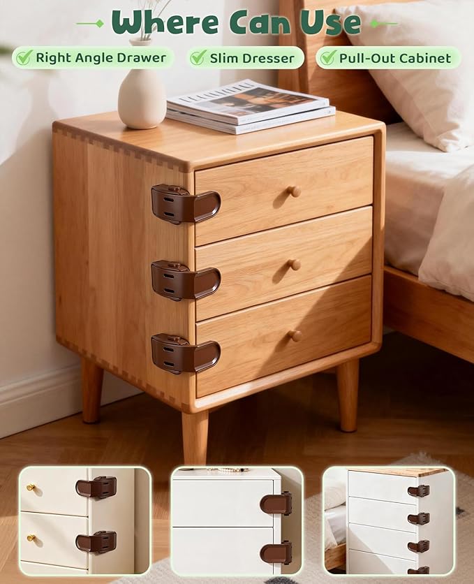Rcotee 6-Pack Baby Proof Corners Edges Drawer Lock, Childproof Safety Locks Toddler Proofing Cabinet Latch Clips for Pull Out Drawers Side, Easy Install and No Need for Drilling (Brown)