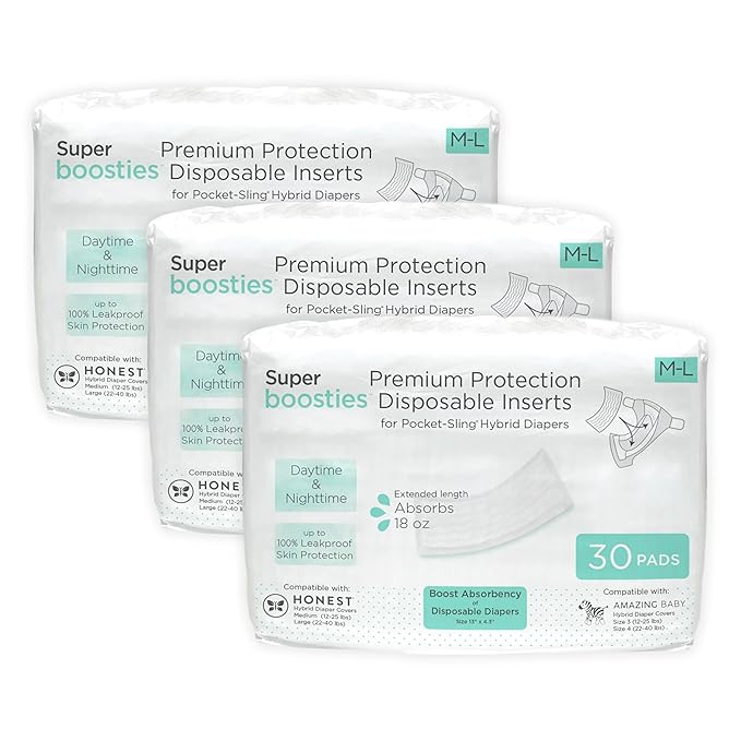 Overnight Diaper Leak Stopper, Super Boosties Disposable Inserts, Use with Pampers Sizes 4-6, Honest Hybrid Diaper Cover Sz Med/Large, Amazing Baby Cover Sz 3/4, 4.3x13 in, 90 Count