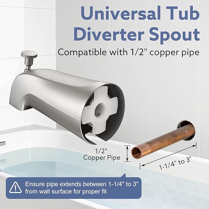Tub Spout with Diverter – Slip-Fit Bathtub Faucet Spout Replacement, 1/2” Copper Pipe Connection, Easy to Install, Universal for Bathroom Shower (Brushed Nickel)