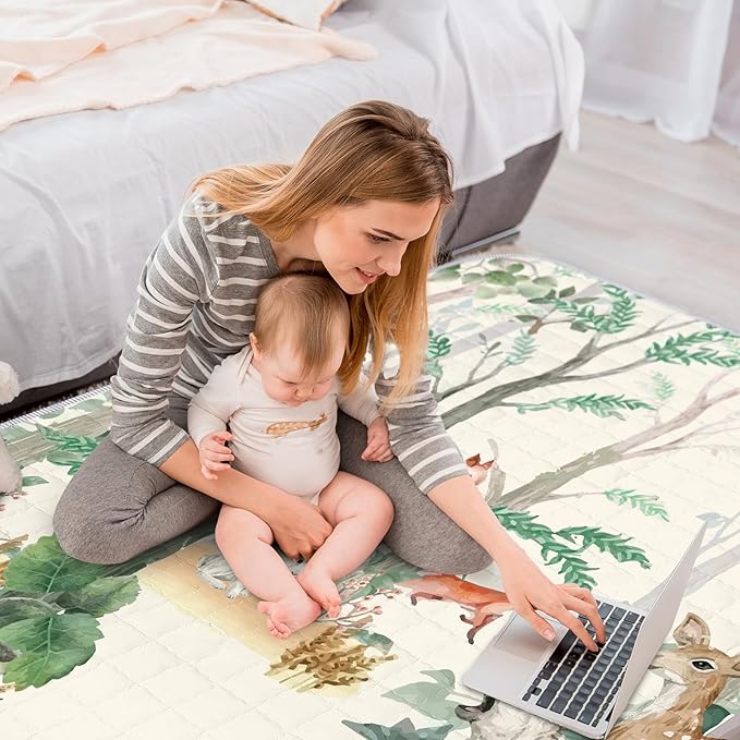 Funtery 43 x 43 Inch Boho Baby Play Mat Portable Crawling Washable Foldable Tummy Time Non Slip Baby Floor Large Playpen Mat for Infants Toddlers Floor Playpen Activity(Jungle Animal)