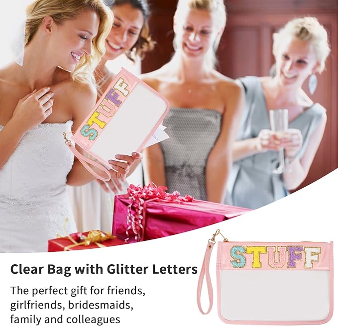 Iqimott Chenille Letter Stuff Bag Clear Flat Pouch, Monogram Glitter Letter Patch Makeup Cosmetic Bag Zipper Toiletry Pouch, Portable Travel Beach Snack Wristlet Bags for Women Girls(Stuff, Pink)