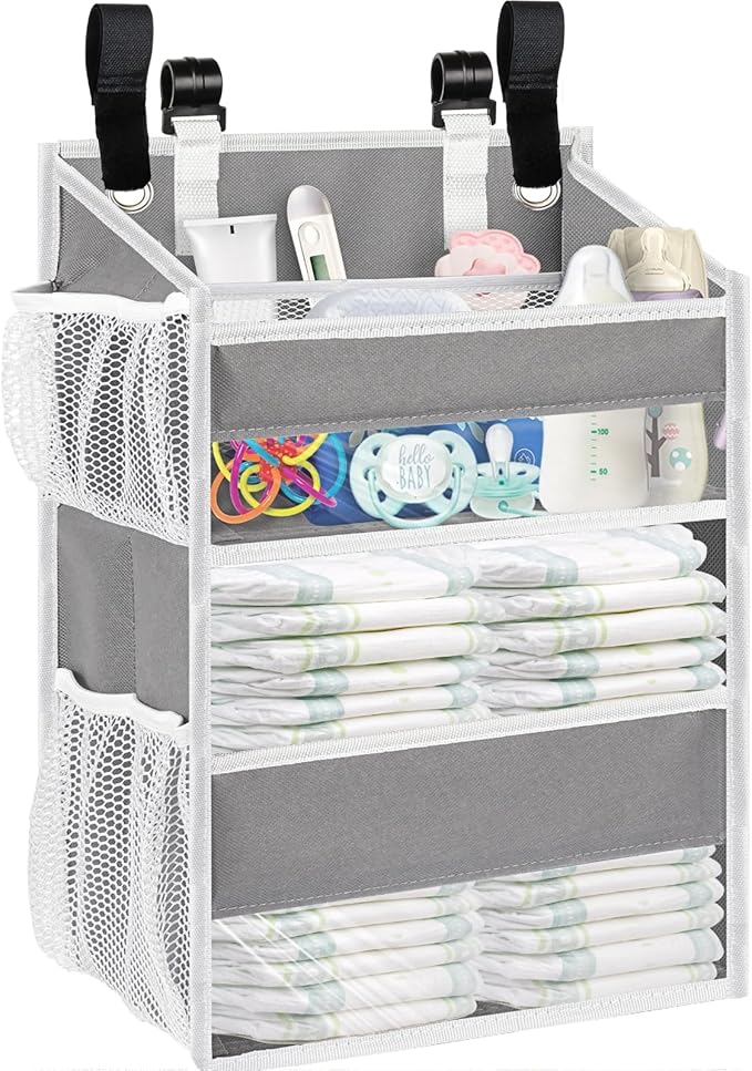 Ofiray-home Hanging Diaper Organizer for Changing Table,Cribs,Car,Playard or Wall & Nursery Organization-Durable 2-Tier Diaper Organizer with Mesh Pockets and Viewable Design, Won't Deform, Light Gray