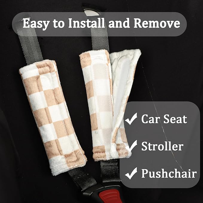 DILIMI Baby Car Seat Belt Covers, 2Pcs Carseat Shoulder Strap Pads, Soft Minky Car Seat Neck Covers, Newborn Car Seat Strap Protectors, Stroller Strap Covers for Baby Kids, Brown Checkered