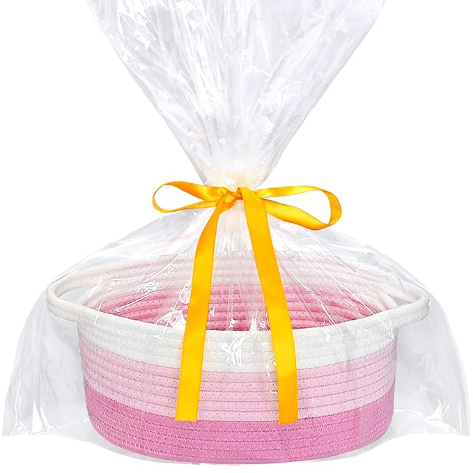 ABenkle Small Basket with Gift Bags and Ribbons, Empty Gift Baskets for Mother's Day, Decorative Boho Rope Woven Nursery Storage Organizer Toy Baskets with Handle for Baby Showers, 12"X 8" X 5"