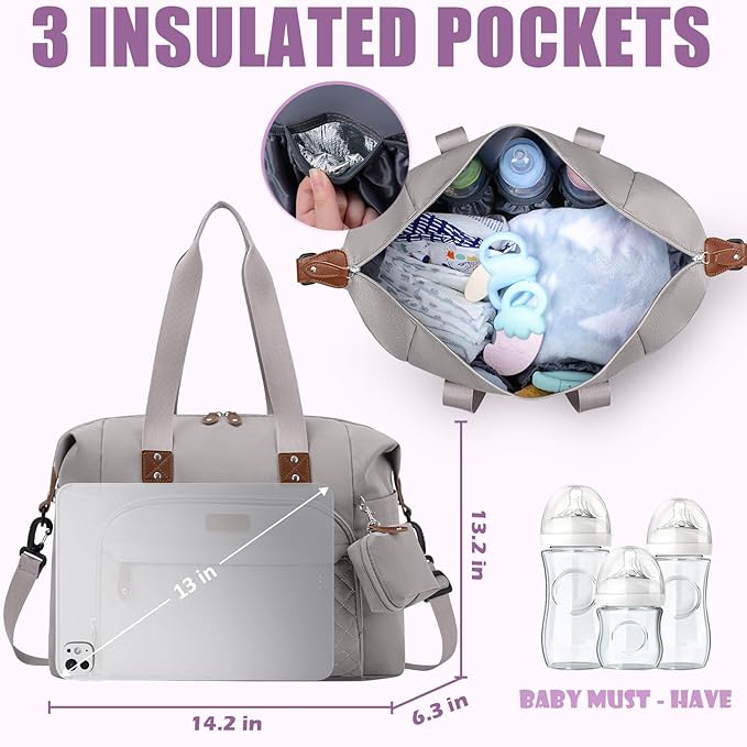 Tuwubi Diaper Bag Tote,Baby Diaper Bag with Pacifier Case Large Travel Diaper Tote Caddy for Mom and Dad Multifunction Baby Bag - M-Light Khaki