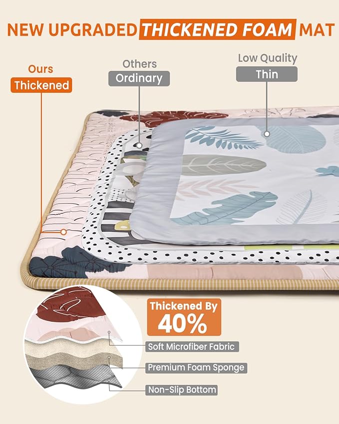 74x50 Playpen Mat Foam Thick, Large Baby Play Mat for Babies Kids Toddlers Infants Floor Crawling, Washable Cushioning Padded Baby Playmat for Indoor Outdoor, Gift for Boys Girls, Boho Leaf